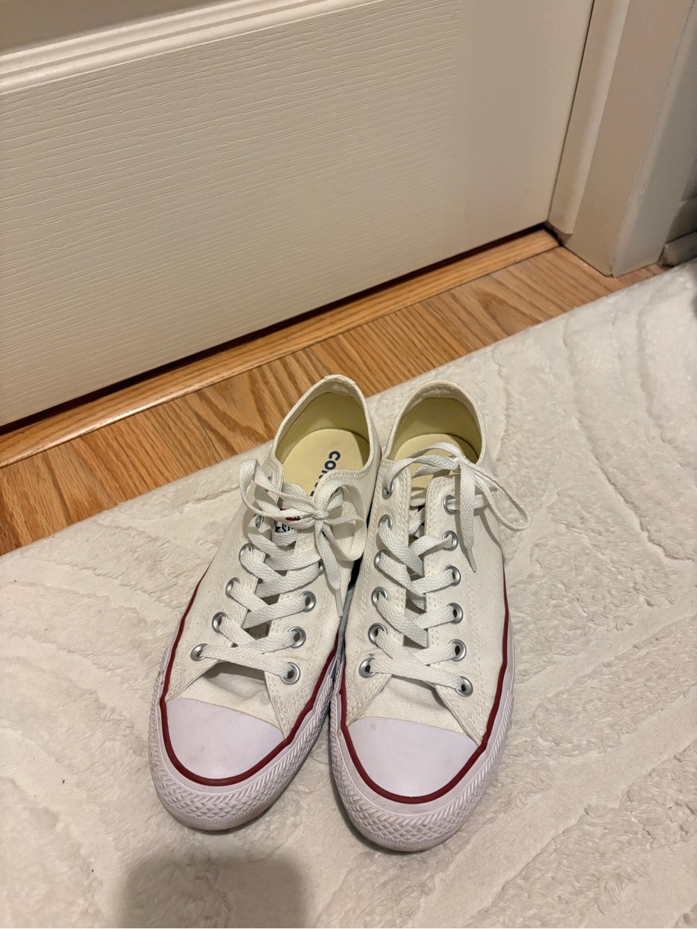Women Converse Low-Top Canvas Sneakers in White with Red Trim